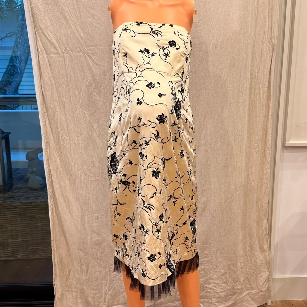 Tibi Strapless Cream and Black Floral Dress